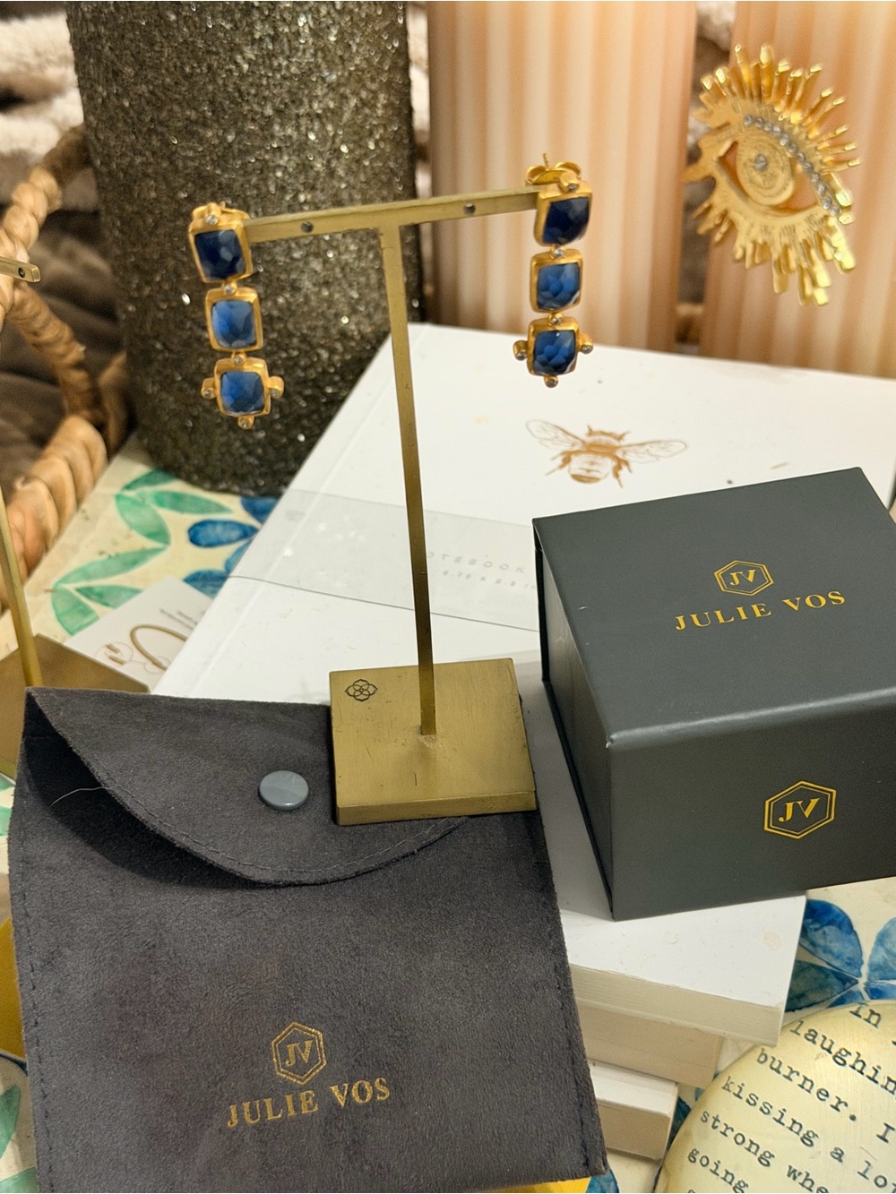 Julie Vos Sapphire Blue and Gold Tiered Drop Earrings